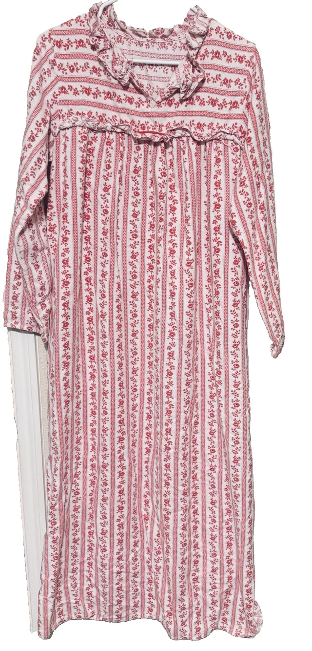 VTG Sears Granny Nightgown Flannel Long Gown Sz L red white lace trim ruffles